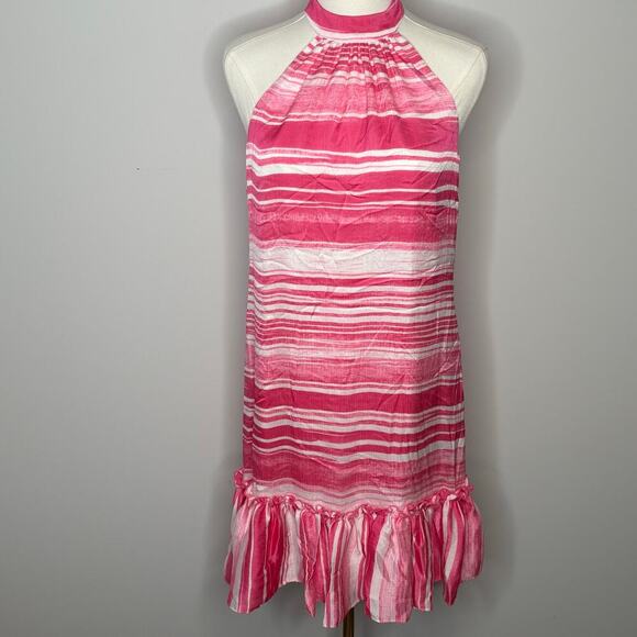Trina Trina Turk "Zuri 2" Pink Stripped Small Sleeveless Mini Dress Ruffled Hem - Picture 1 of 9